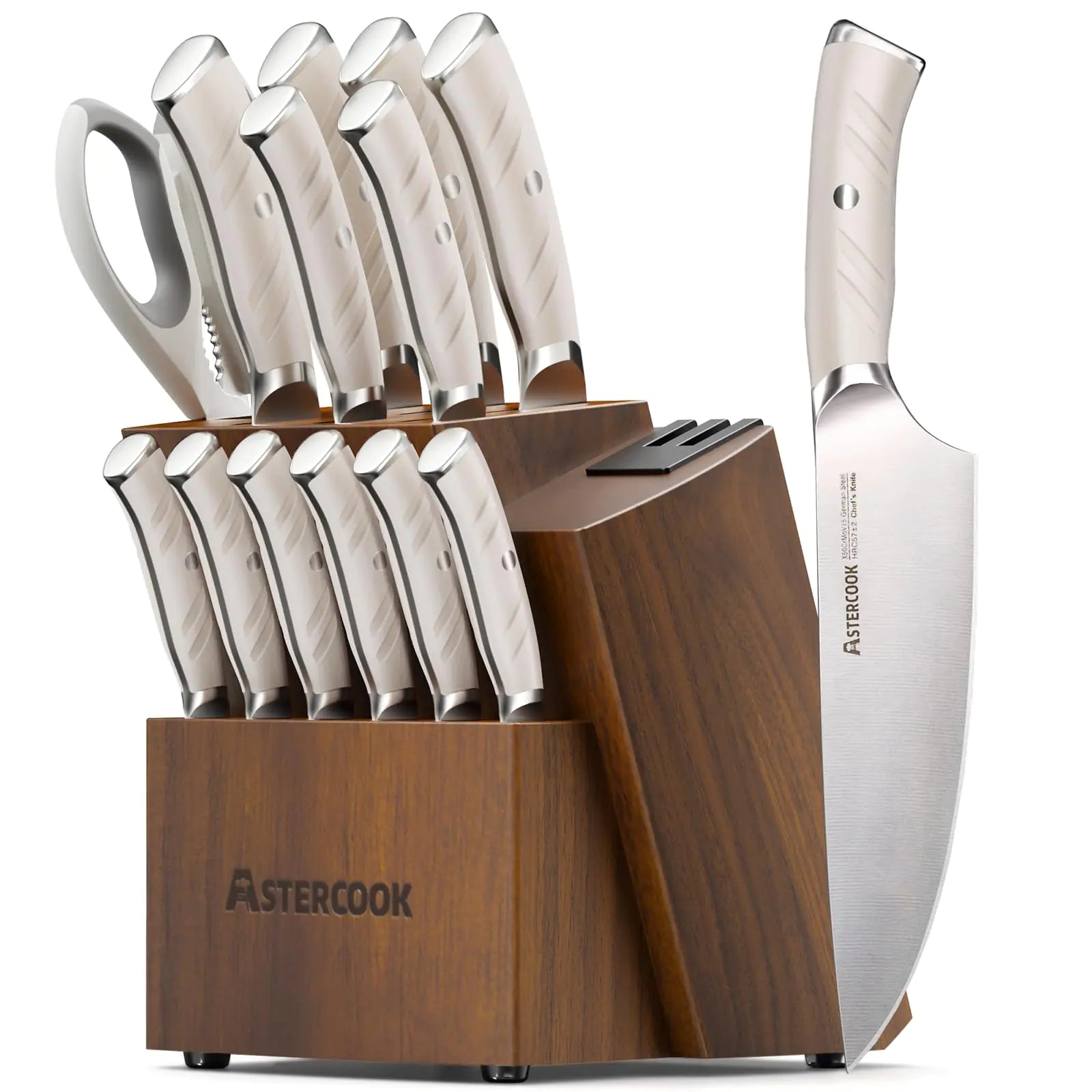 Astercook Knife Set Kitchen with Block and Dual Sharpener Full Tang 15 Pcs