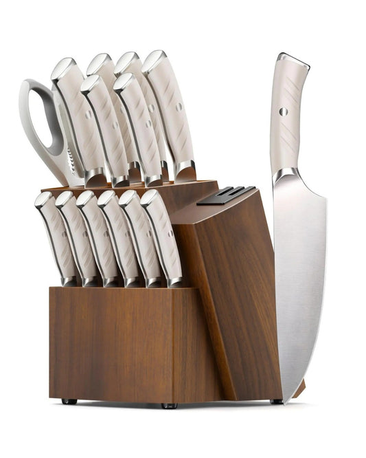 Astercook Knife Set Kitchen with Block and Dual Sharpener Full Tang 15 Pcs
